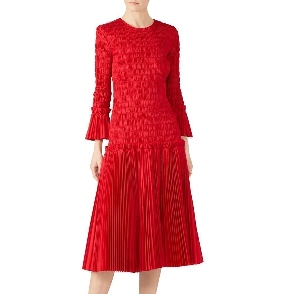 Khaite Mariella Dress Long Sleeve Smocked Pleated Midi Currant Red Size Large